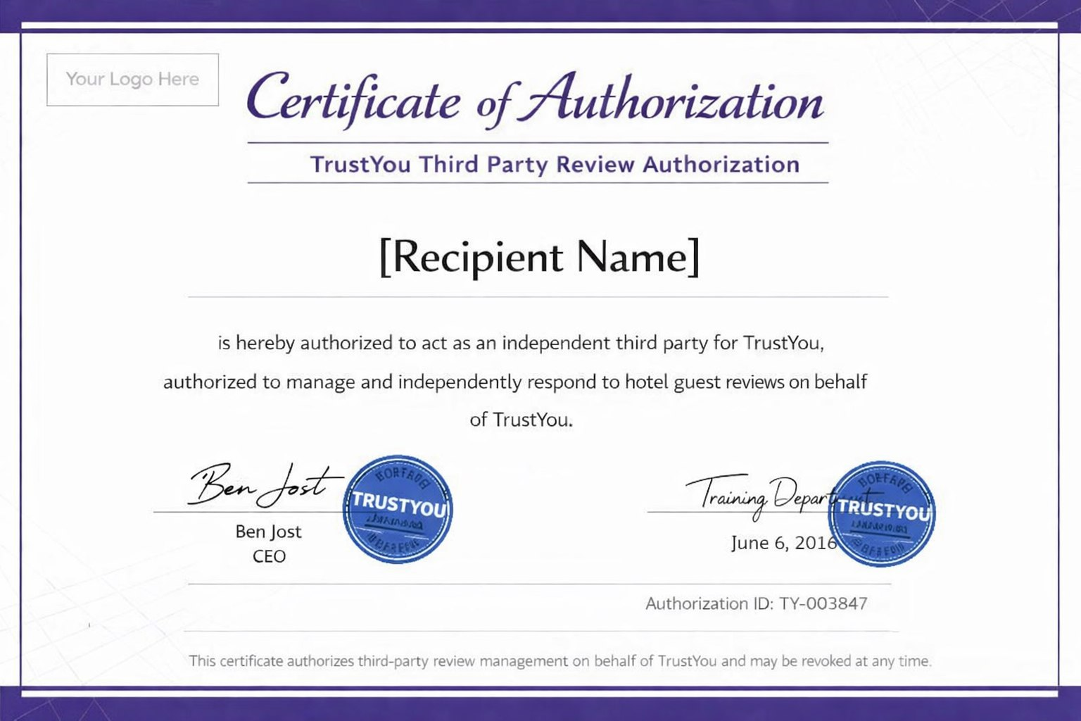 TrustYou Third-party review authorisation certificate